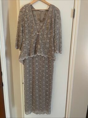 R&M Richards Gold Lace Sequined Two-Piece Long Sleeve Evening Dress